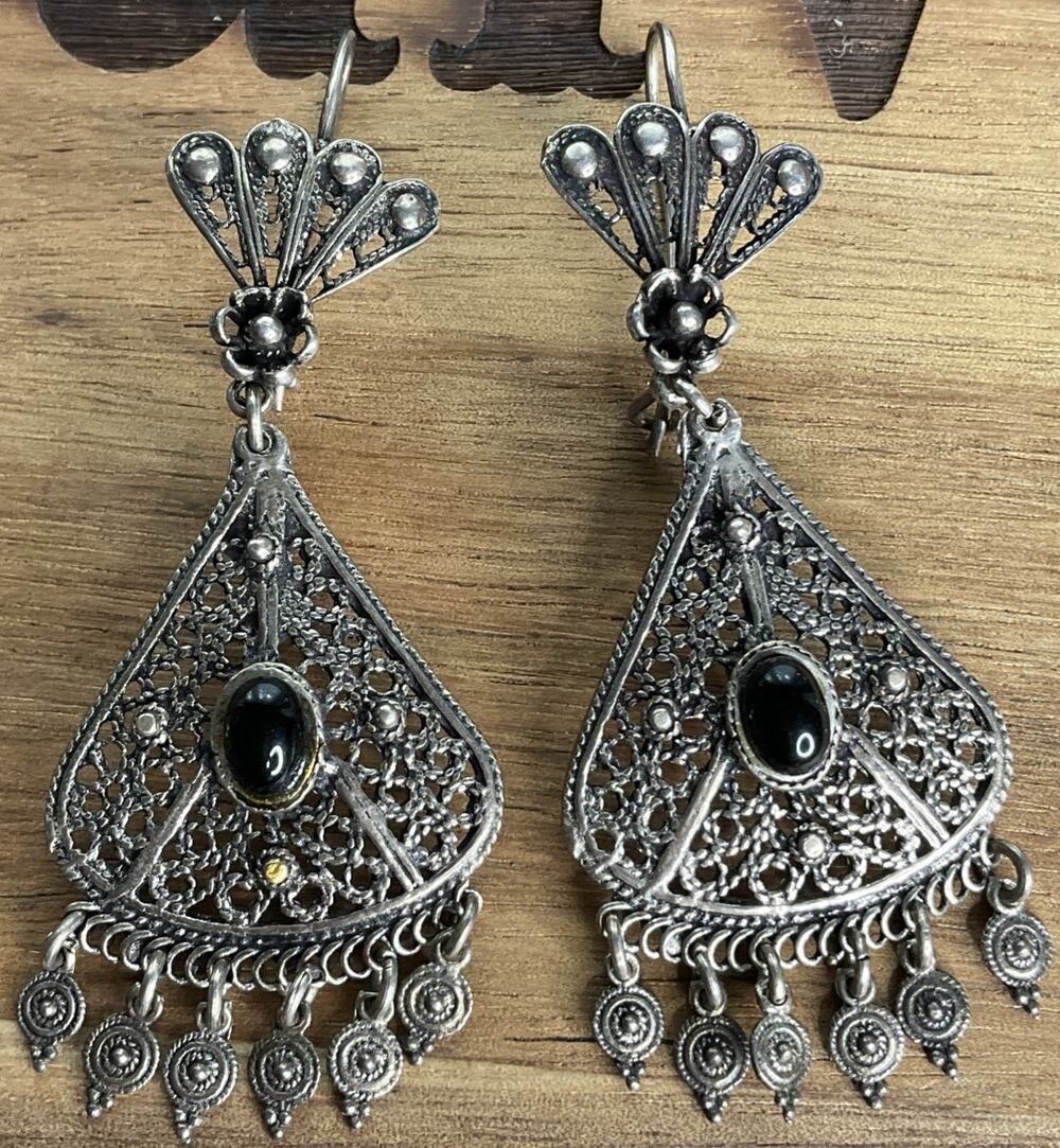 Vintage Sterling Silver Filigree Black Onyx Chandelier Earrings